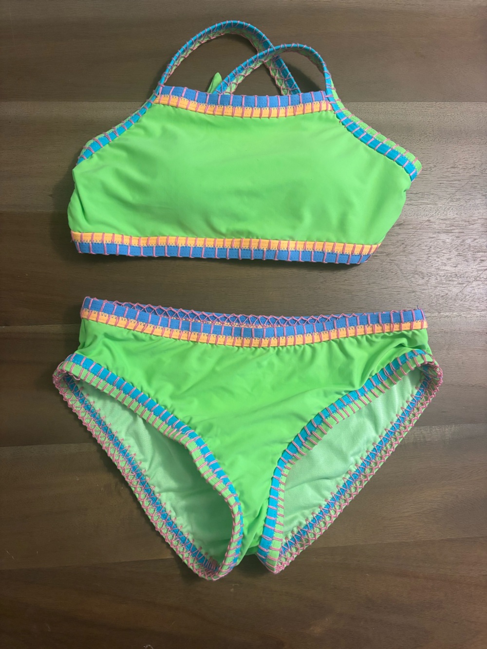 Nordstrom Beach Lingo Girls Neon Green Two-Piece Swim Bikini with Colorful Trim